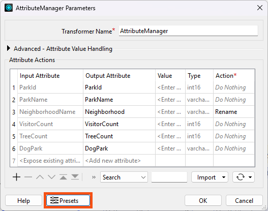 Transformer Presets button